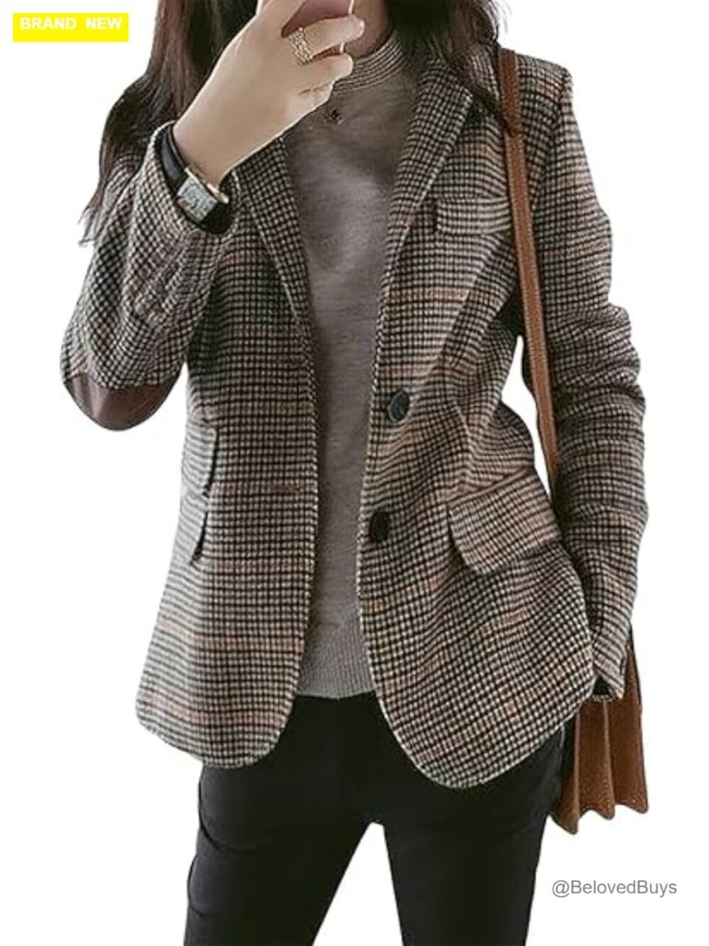 Women's Houndstooth Plaid Blazer Jacket Notched Lapel Boyfriend Fit